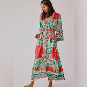 FARM Rio Green Maxi Dress with bold red flowers